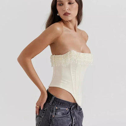 Chic strapless corset top with beaded tassels in white color, perfect for beach parties and special events