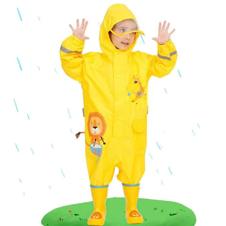 Children in a colorful dinosaur-themed waterproof rain jumpsuit playing outdoors in the rain