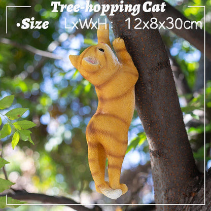 Charming resin cat statue with lifelike details, climbing on a tree branch and adding whimsical flair to any garden or indoor space.