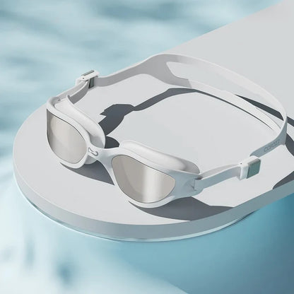 Premium anti-fog mirrored swimming goggles with adjustable silicone strap and UV protection
