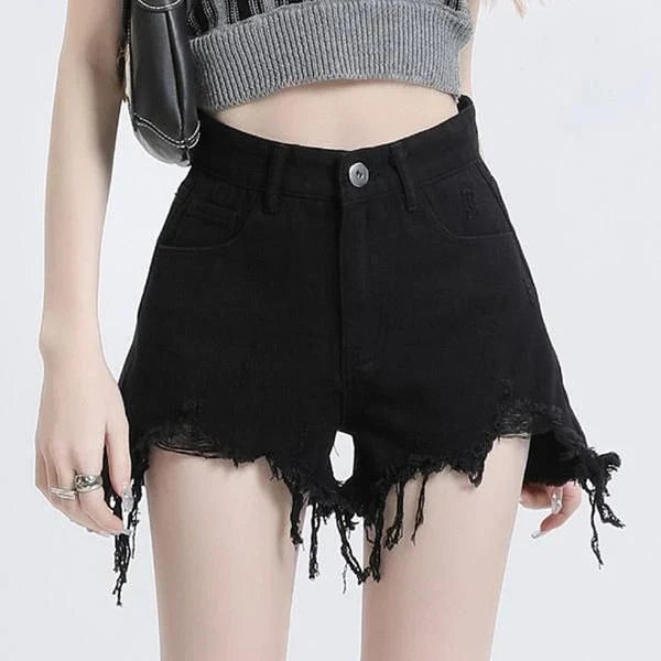 Chic high-waisted black denim shorts with stylish button detailing for a flattering and comfortable look