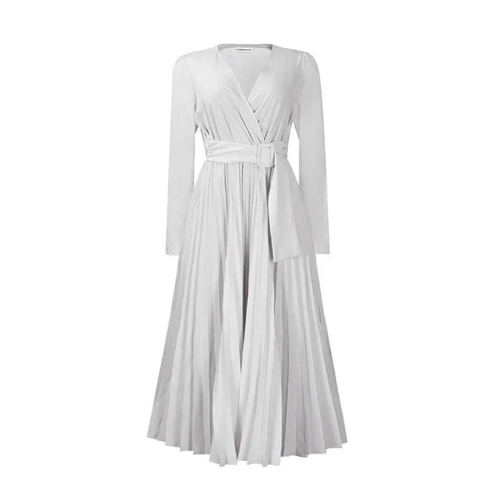 Luxurious long sleeve pleated Africa dress with lace-up neckline, available in multiple colors and sizes