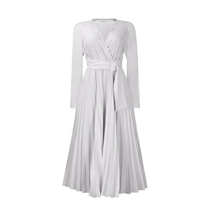 Luxurious long sleeve pleated Africa dress with lace-up neckline, available in multiple colors and sizes