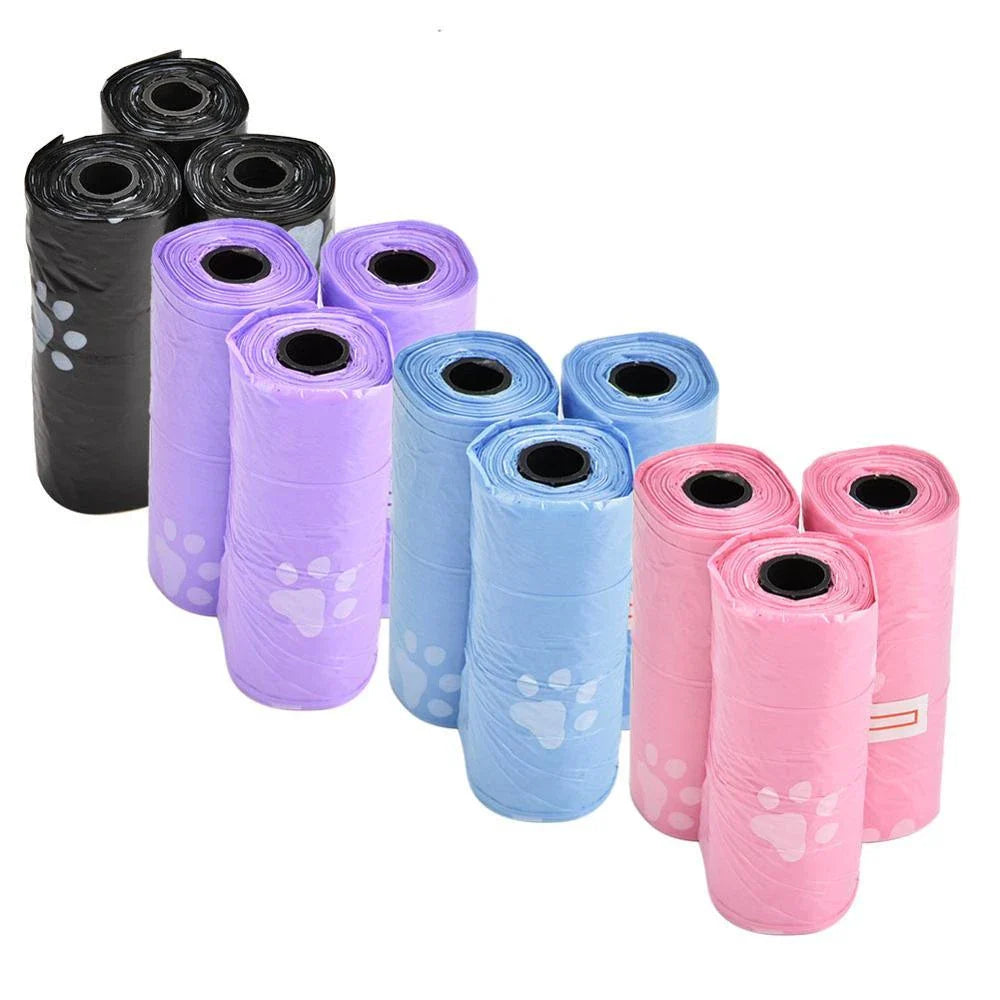 Premium pet paw printed poop bags in green color with a convenient roll format and 150 total bags