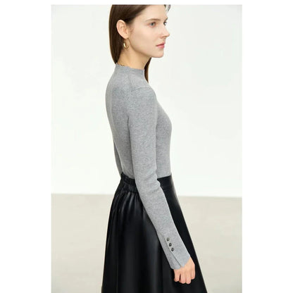 Autumn Elegance Mock Neck Women's Slim Pullover in blue, featuring a sophisticated mock neck design and a sleek, tailored fit.