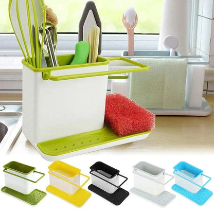 Multifunctional sink organizer with storage compartments, drying rail, and drip tray for a tidy kitchen countertop