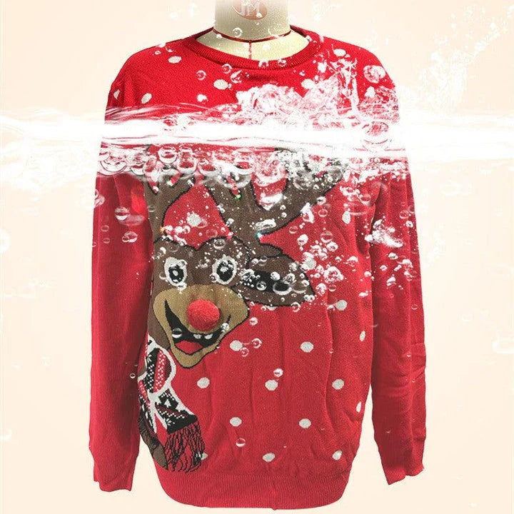 Festive elk-inspired oversized knit sweater in red with a relaxed, comfortable fit