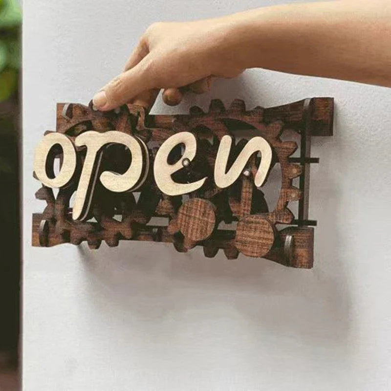 Rustic wooden open/closed sign with manual gear mechanism, suitable for home, office, or retail use