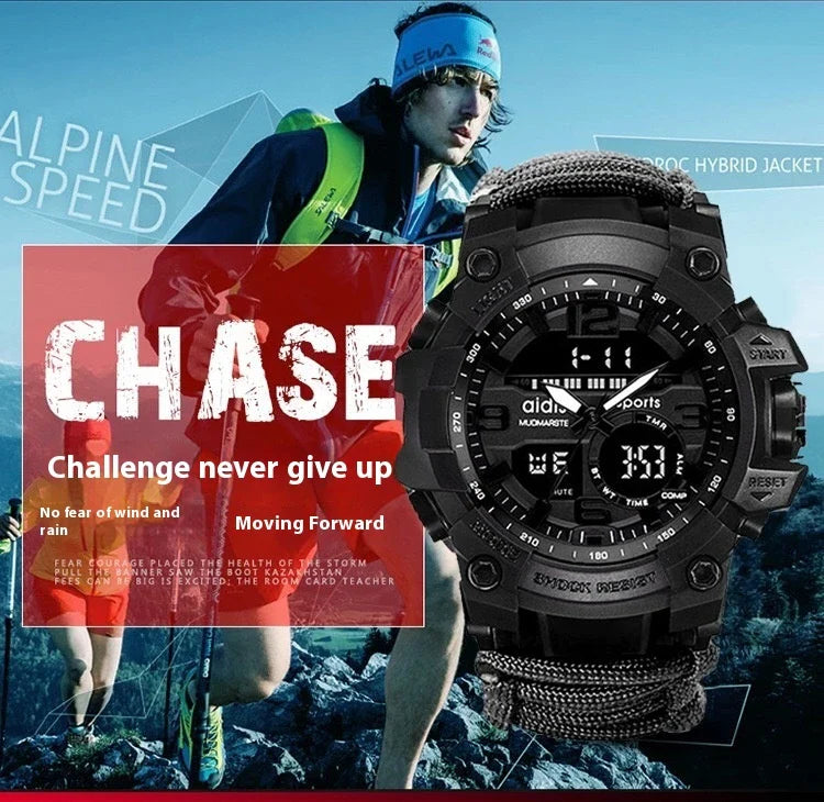 Outdoor survival watch with compass, parachute cord, and water-resistant design for rugged adventures