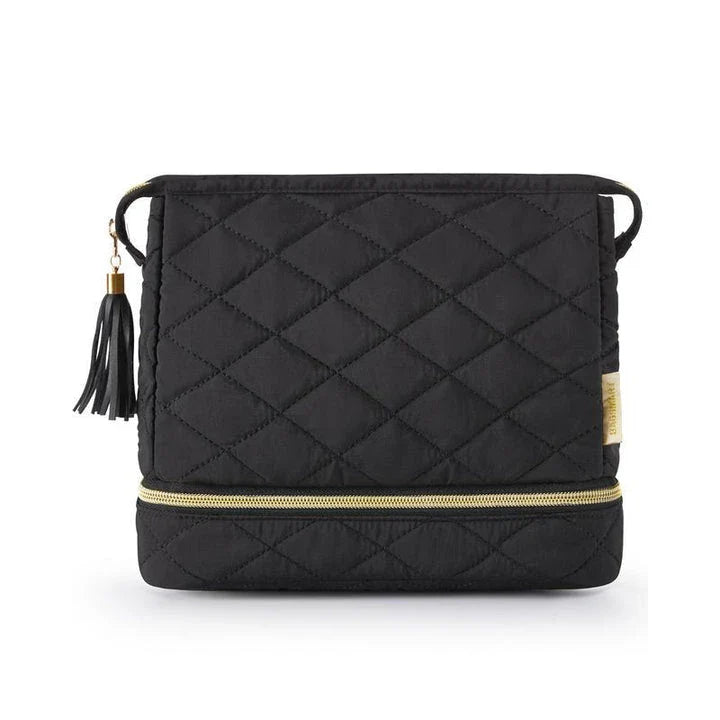 Elegant dual-layer makeup organizer bag in pink color with stylish tassel zippers and smooth zipper closure for easy access to cosmetics and beauty essentials