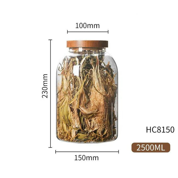 Airtight glass food storage jars with wooden lids in various sizes, perfect for organizing and preserving dry goods, spices, and pantry items in the kitchen.