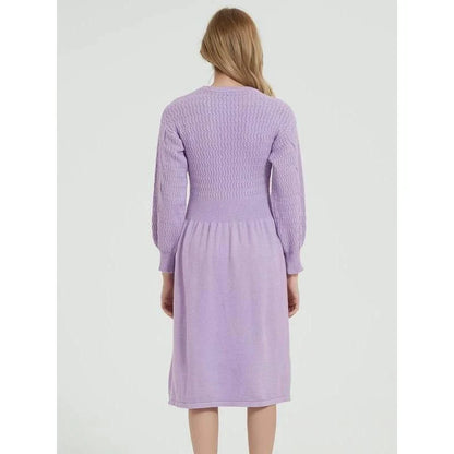 Elegant long sleeve knitted sweater dress in purple red with a classic A-line silhouette and mid-calf length