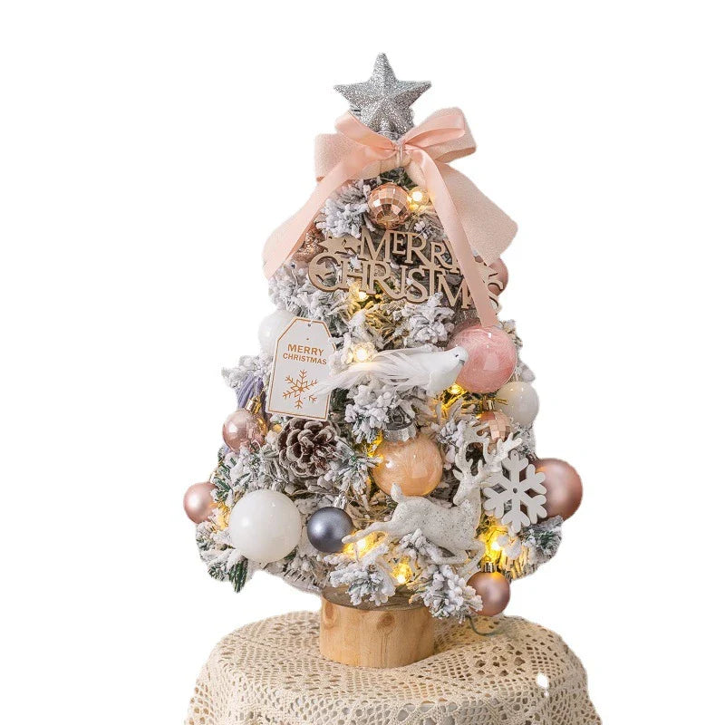 Festive Illuminated Snow-Blowing Christmas Tree Desk Decor with Pink Snow Spray and Warm LED Lighting