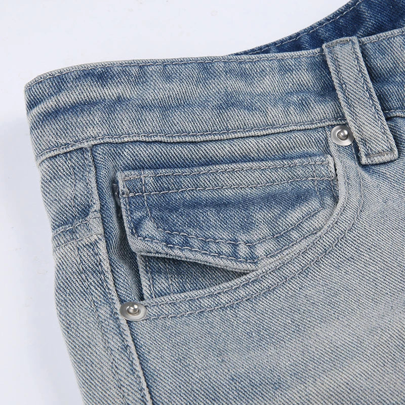 Premium embroidered high-rise straight leg denim jeans in a classic blue color