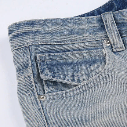 Premium embroidered high-rise straight leg denim jeans in a classic blue color