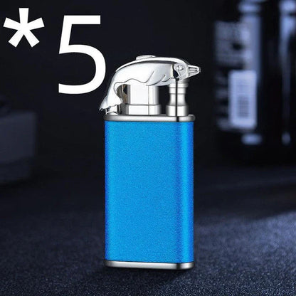 Multipurpose windproof lighter with a dragon or dolphin design, featuring a dual-flame and wind-resistant construction for versatile use.