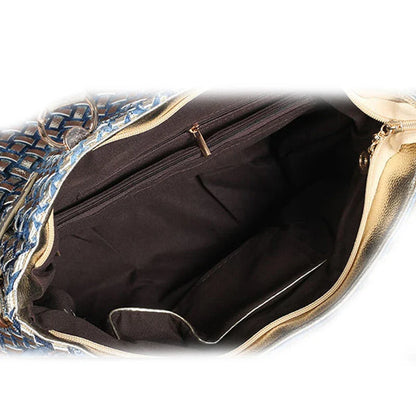 Silver diamond-studded denim messenger bag with adjustable strap and zippered main compartment