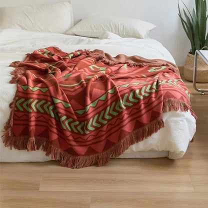 Luxurious Indian Tribal Geometric Pattern Throw Blanket with Fringes for Cozy Home Decor
