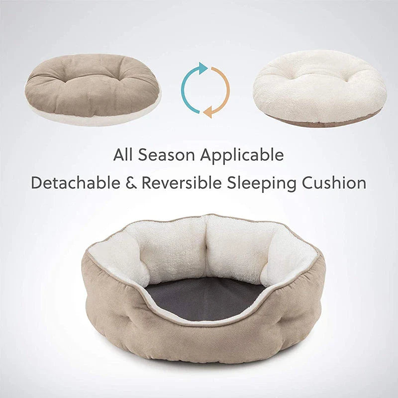 Cozy Round Small Pet Bed for Dogs and Cats - Plush Microfiber Fleece Lounger with Reversible Pillow and Non-Slip Bottom