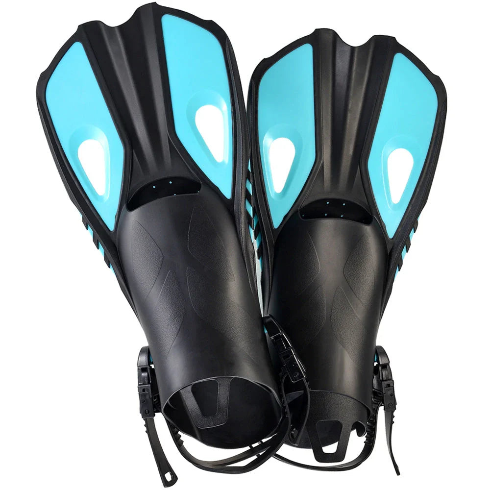 A pair of adjustable travel snorkel fins in various sizes and colors, perfect for underwater adventures and water sports.