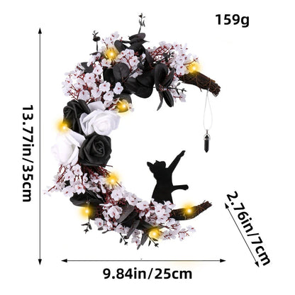Halloween White Flower Black Rose Dried Wood Moon Cat Garland Ornaments