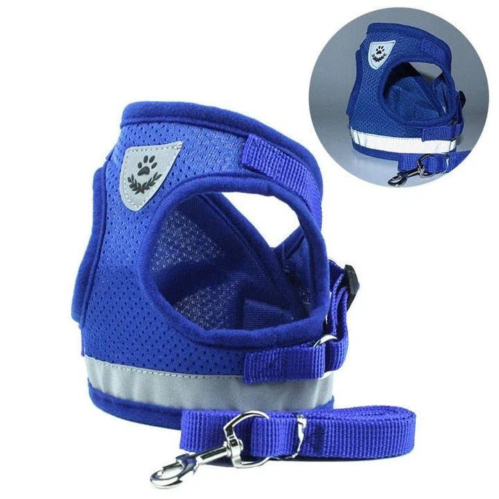 Adjustable reflective dog harness made of durable polyester material with reflective strips for enhanced visibility and safety during outdoor activities.