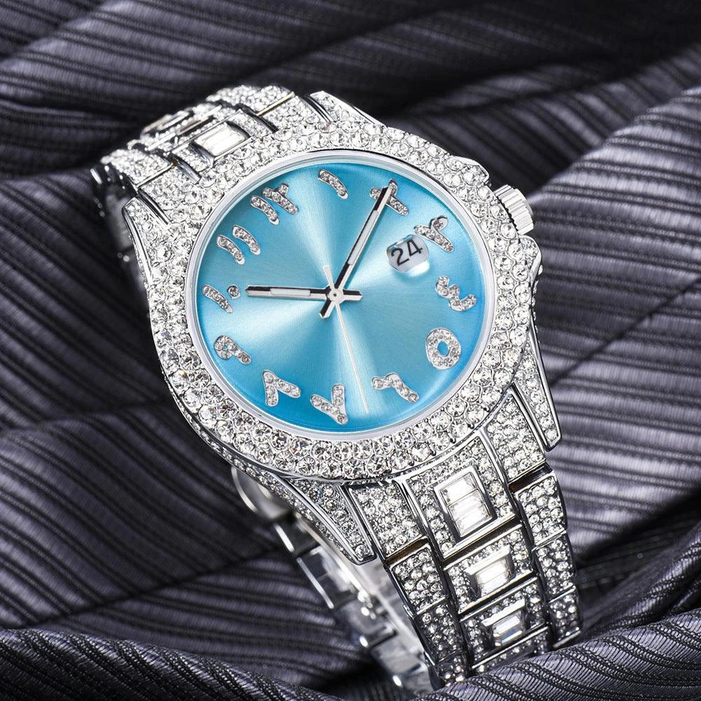American-designed diamond-encrusted waterproof quartz watch with gold-plated stainless steel construction
