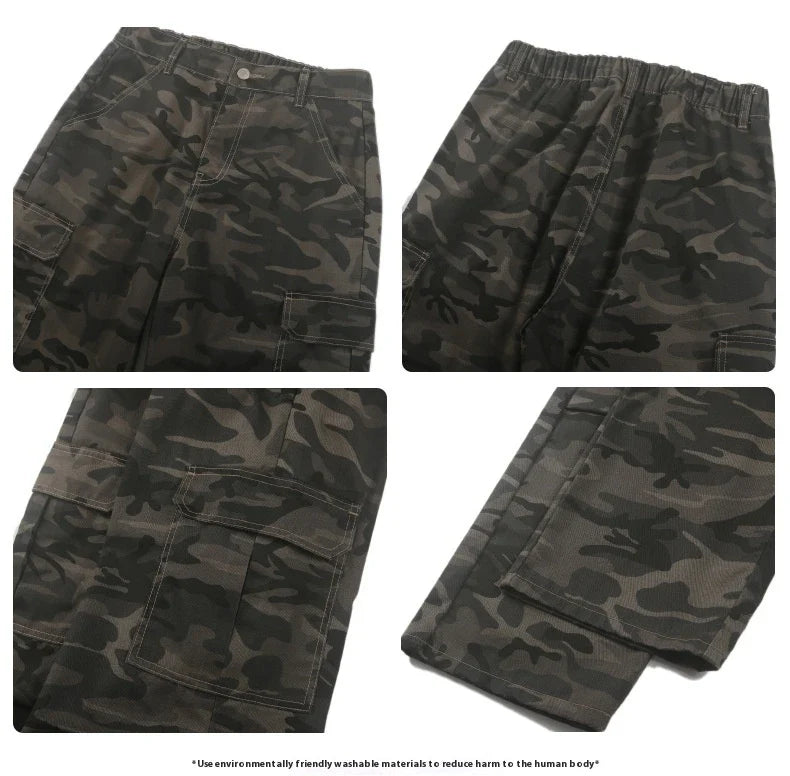 Stylish paratrooper denim trousers with a mid-waist silhouette and straight leg cut, featuring a camouflage pattern and premium cotton construction for rugged, versatile wear.