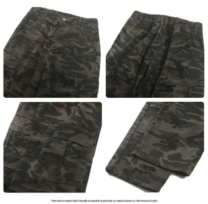 Stylish paratrooper denim trousers with a mid-waist silhouette and straight leg cut, featuring a camouflage pattern and premium cotton construction for rugged, versatile wear.