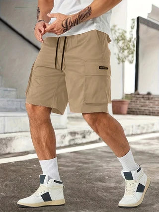 Drawstring waist men's workwear shorts with multiple pockets in various colors