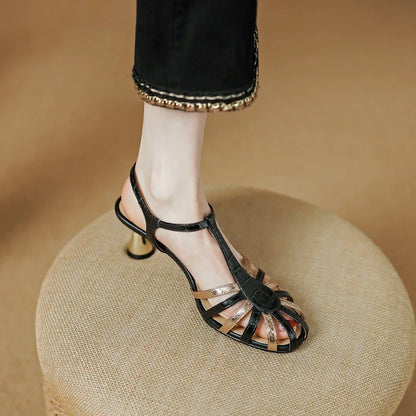 Chic and comfortable high heel sandals with a delicate thin heel, microfiber upper, and buckle strap closure for versatile summer style