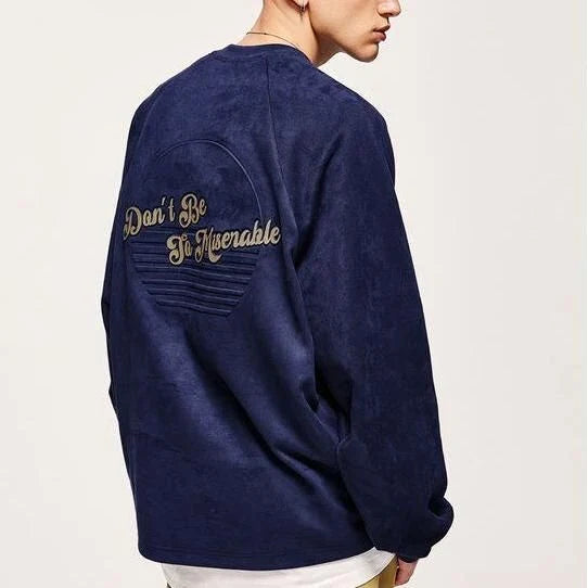 Cozy Embossed Faux-Suede Long-Sleeve T-Shirt in Blue with Unique Textured Design