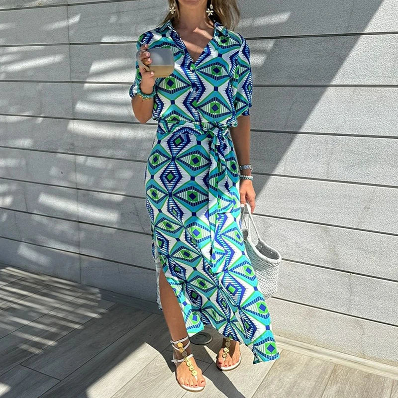 Stylish Printed Blouse Collar Bohemian Mid-Length Dress in Sky Blue with A-Line Silhouette and Geometric Pattern