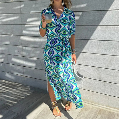 Stylish Printed Blouse Collar Bohemian Mid-Length Dress in Sky Blue with A-Line Silhouette and Geometric Pattern