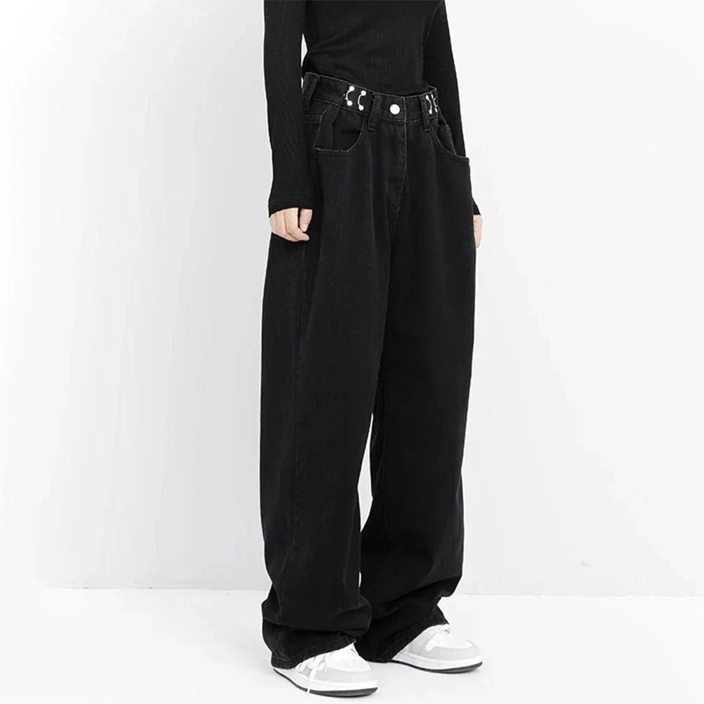A pair of high-waist black jeans with a relaxed wide-leg design, perfect for effortless style and comfort.