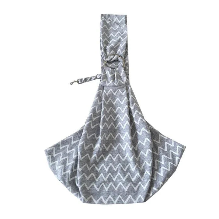 Adjustable gray striped cotton pet sling carrier bag for pets up to 13 lbs