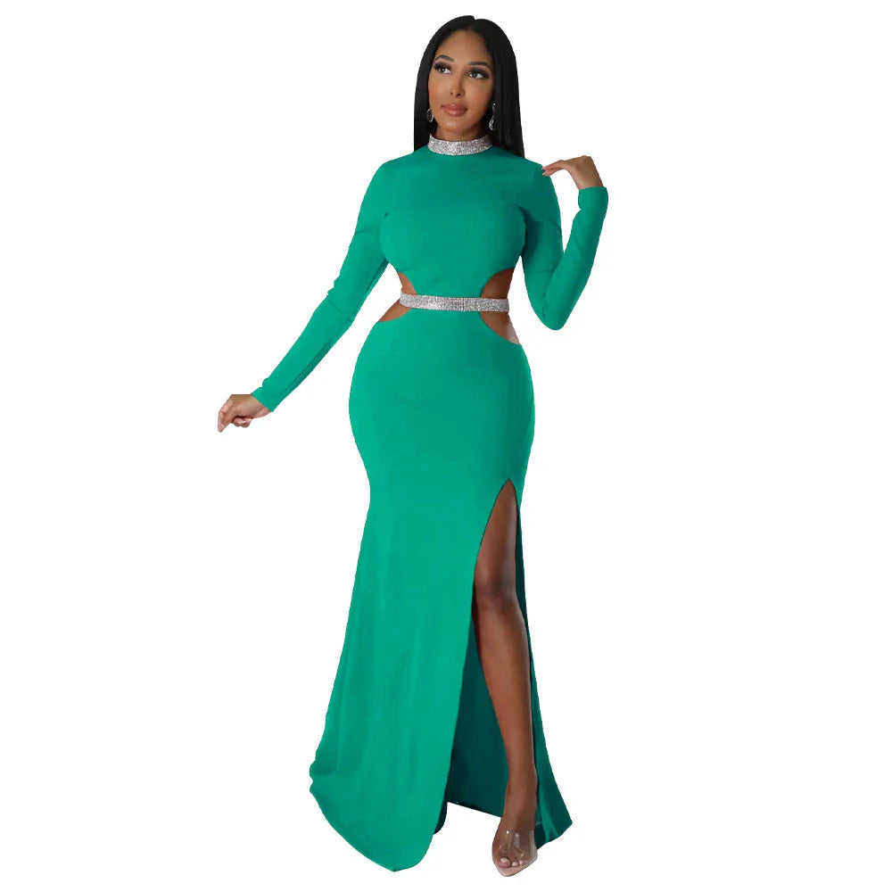 Stylish and flattering waist-accentuating split dress in solid colors, made from premium polyester fabric for comfort and versatility.