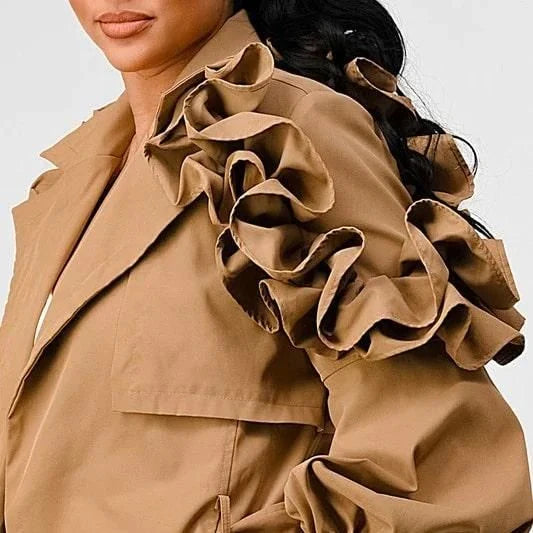 Frill Trim Windbreaker in Khaki color, featuring a turn-down collar and ruffle trim details for a sophisticated and timeless look.