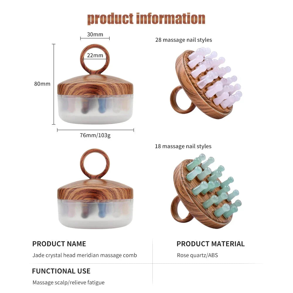 New Scalp Massage Comb with Pink Quartz, Green Aventurine, and Wood Grain Design
