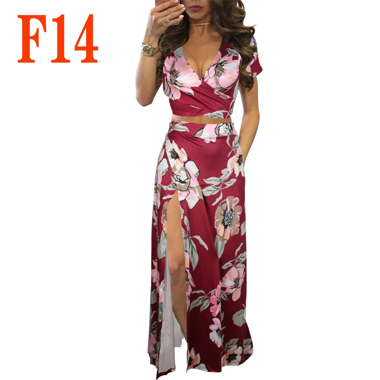 Elegant women's two-piece dress set featuring a floral print design in a variety of sizes