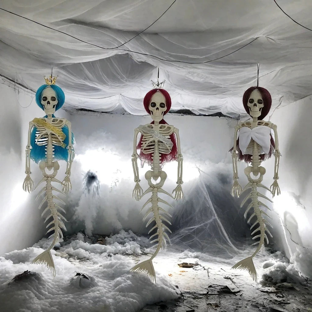 Mermaid bone pendant in various colors, including brown, dark purple, burgundy, and lake blue, hanging outdoors for Halloween decoration