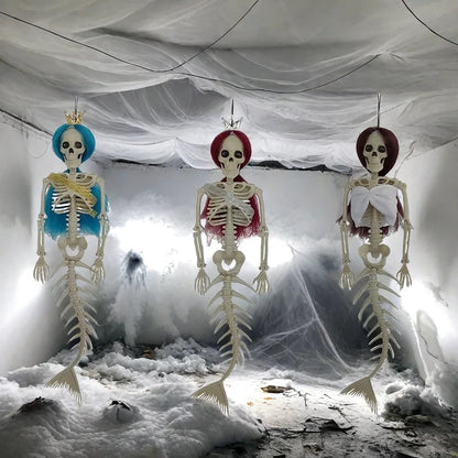 Mermaid bone pendant in various colors, including brown, dark purple, burgundy, and lake blue, hanging outdoors for Halloween decoration