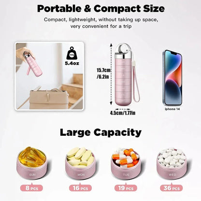 A high-quality, waterproof metal weekly pill box organizer with spacious compartments for managing medications on the go