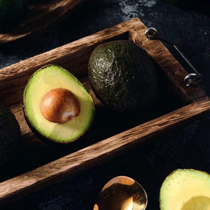 Rectangular wooden serving trays with copper accents in three sizes - small, medium, and large