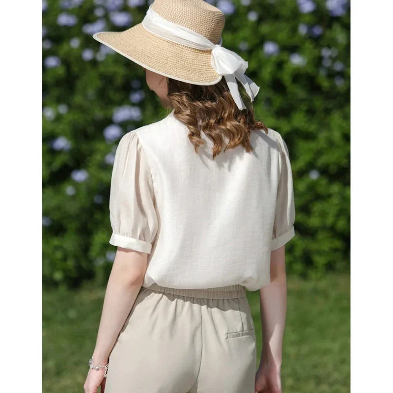 Elegant puff sleeve Chinese-inspired silk blend blouse with sophisticated design