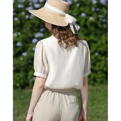 Elegant puff sleeve Chinese-inspired silk blend blouse with sophisticated design