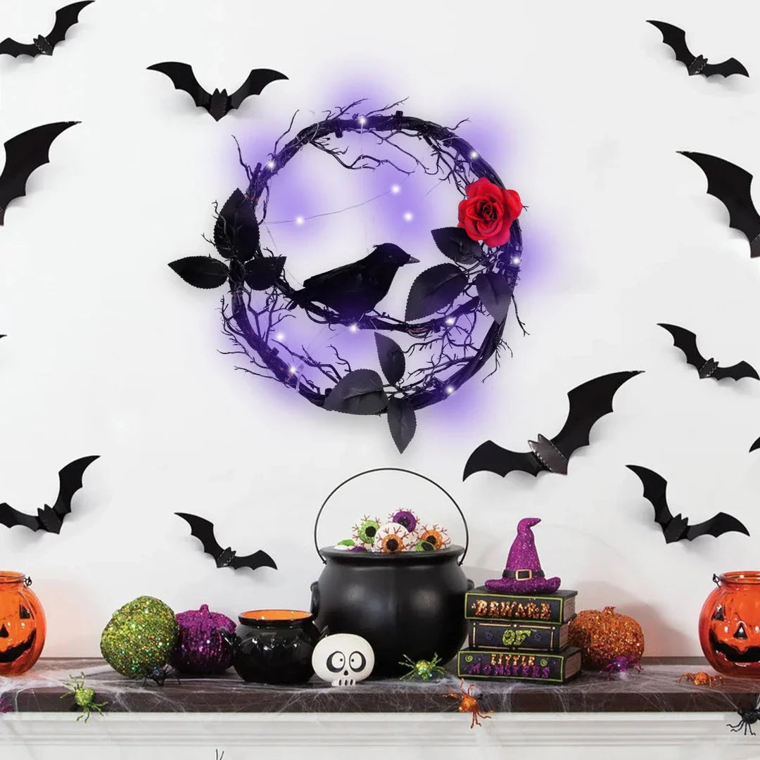 Glowing Dead Wood Black Crow Halloween Garland Decoration with Eerie Lighting Effect