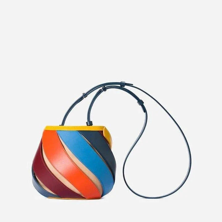 Colorful striped PU leather bucket handbag with adjustable strap and roomy interior