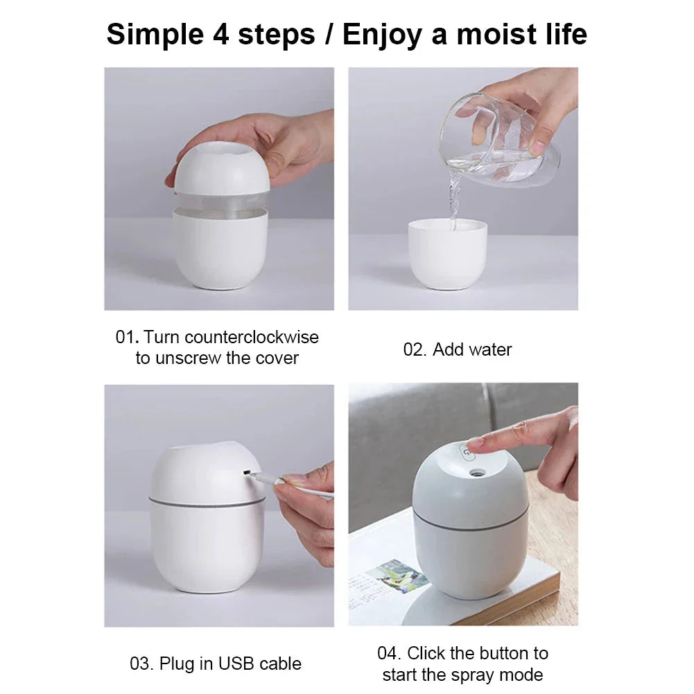 Compact Ultrasonic Humidifier, Aroma Diffuser and LED Night Lamp with 220ml Water Tank and USB Power Supply