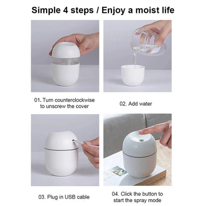 Compact Ultrasonic Humidifier, Aroma Diffuser and LED Night Lamp with 220ml Water Tank and USB Power Supply